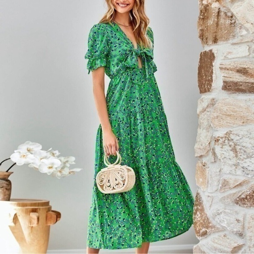 BTFMB Elastic With Ruffle Cuffs Womens Bow Knot Front Casual Cutout Dress